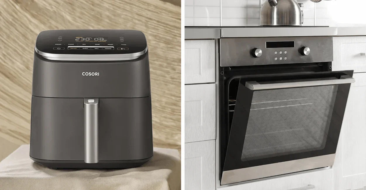 A compact Cosori air fryer and a full-size kitchen oven shown side-by-side for comparison