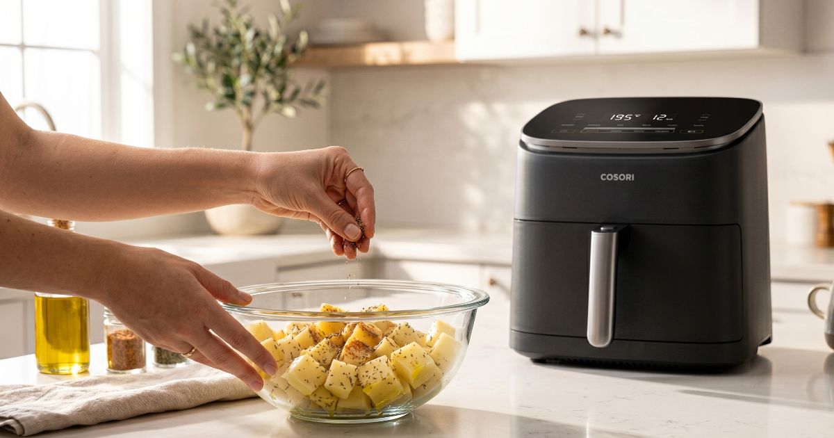 Hands seasoning raw potato cubes in a glass bowl on a kitchen counter, with a black Cosori air fryer in the background.