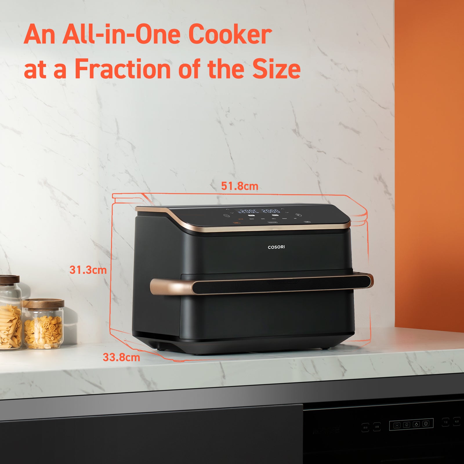 Compact yet powerful COSORI Smart Air Fryer with dimensions 51.8cm x 33.8cm x 31.3cm – space-saving all-in-one cooker