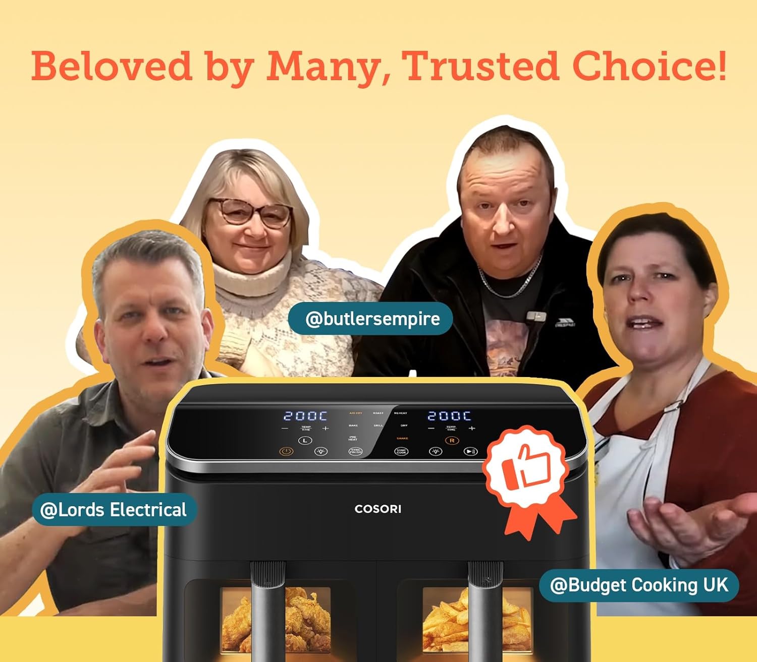 COSORI air fryer highly rated by UK reviewers, including Lords Electrical, Butler's Empire, and Budget Cooking UK