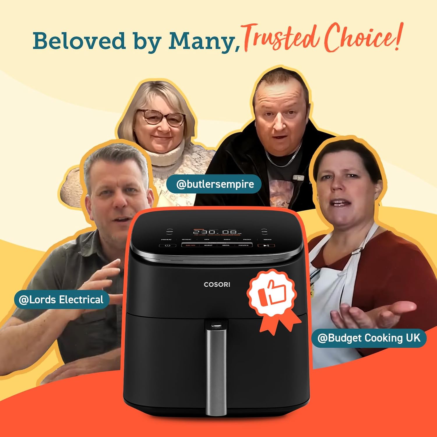 COSORI air fryer highly rated by UK reviewers, including Lords Electrical, Butler's Empire, and Budget Cooking UK