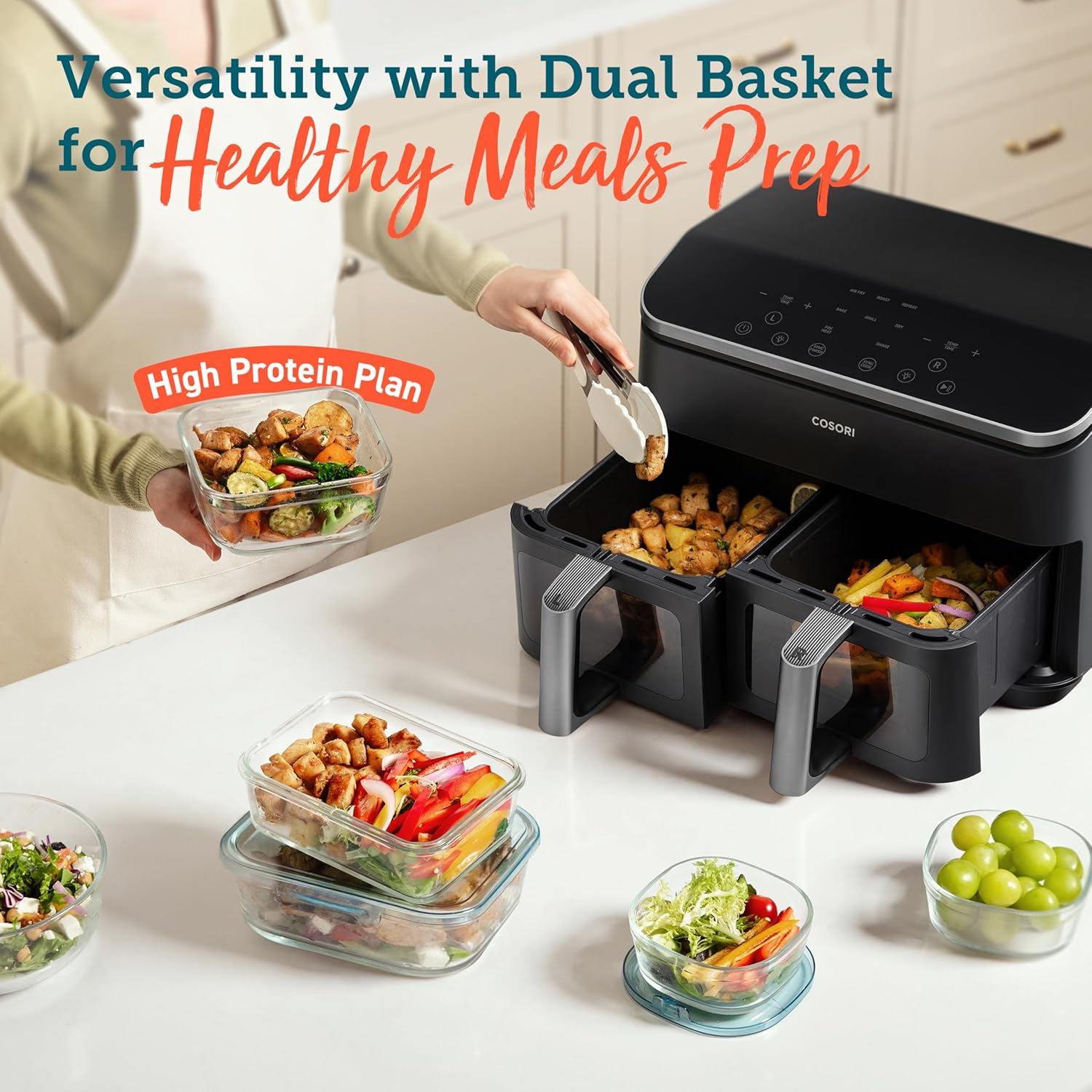 COSORI dual basket air fryer preparing healthy high-protein meal with roasted vegetables and chicken