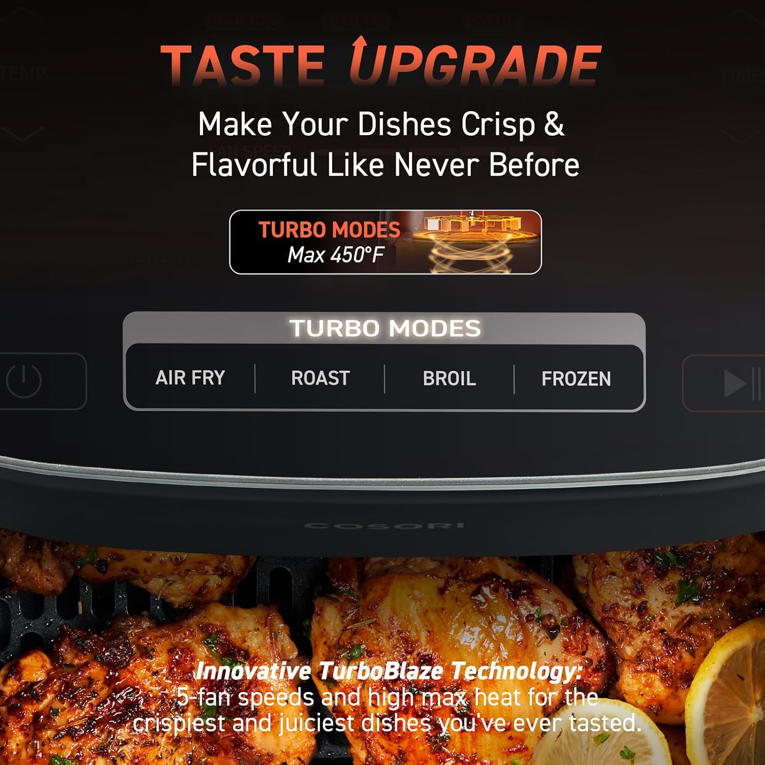 COSORI TurboBlaze air fryer with Turbo Modes up to 450°F for crispy and flavorful cooking