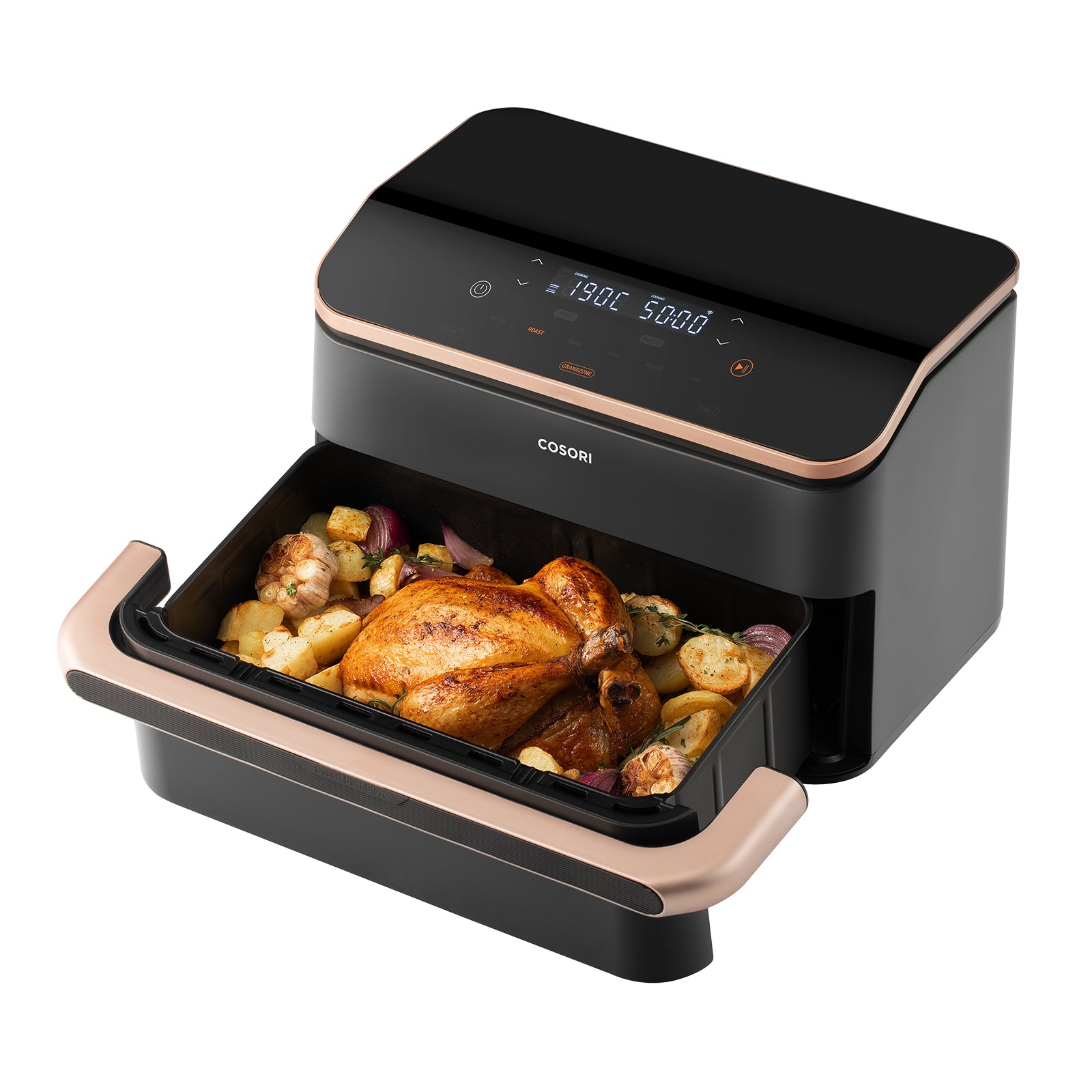 COSORI 10L Smart Air Fryer cooking a whole roasted chicken with vegetables – oil-free healthy meal