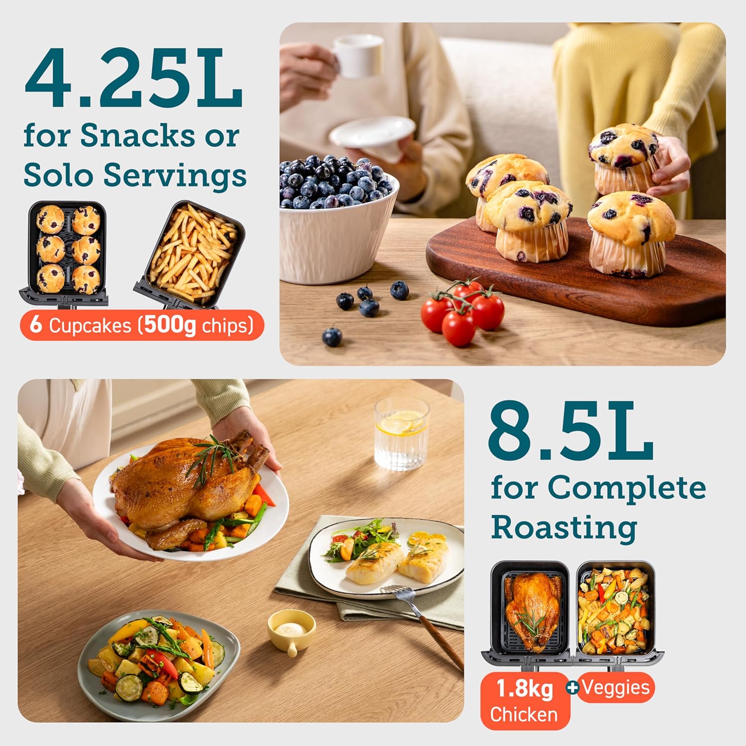 COSORI air fryer capacity options: 4.25L for snacks and 8.5L for roasting whole chicken and veggies