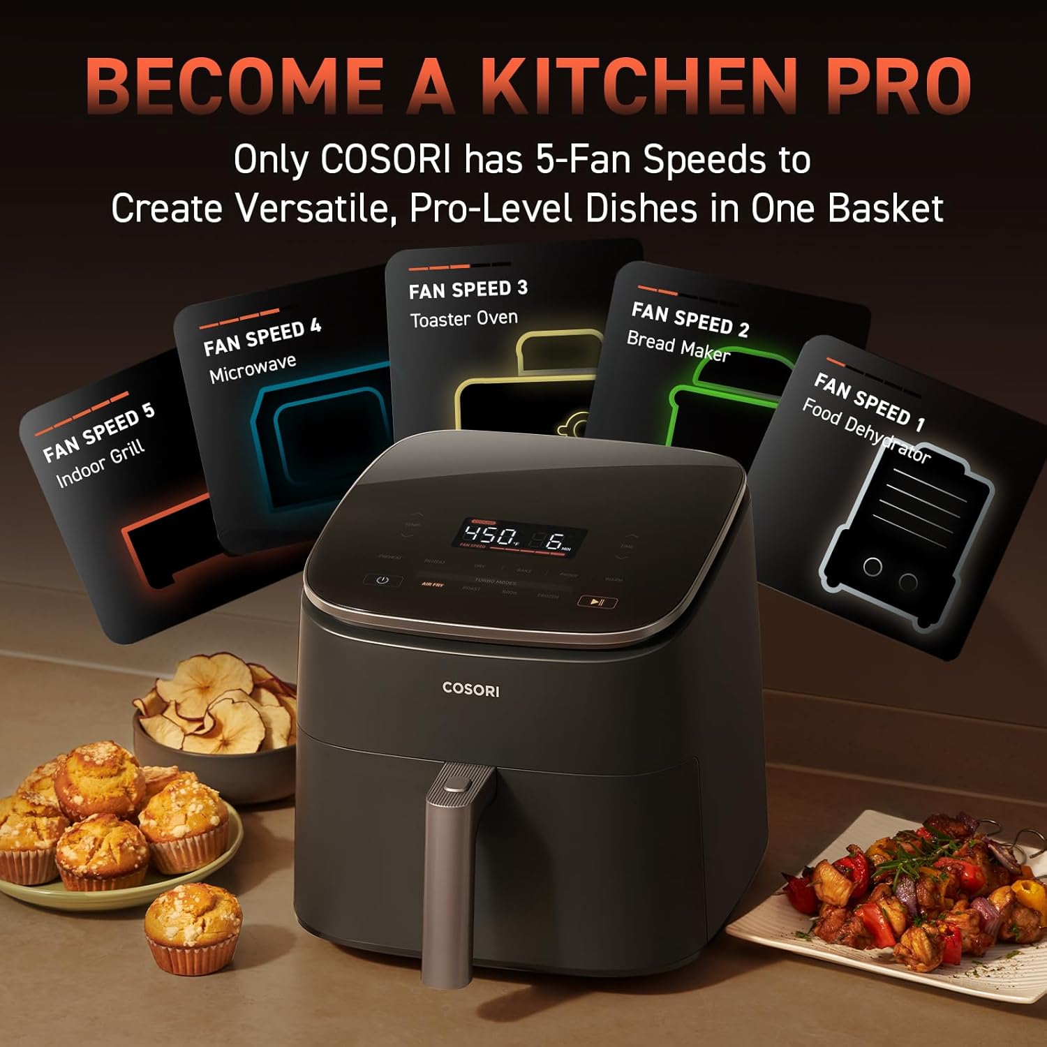 COSORI air fryer with 5 fan speeds for multi-functional cooking: grill, toaster oven, bread maker, dehydrator