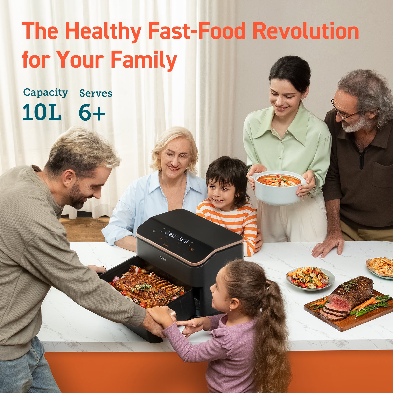 Family enjoying a meal cooked with COSORI 10L Smart Air Fryer – serves 6+ people for healthy fast food
