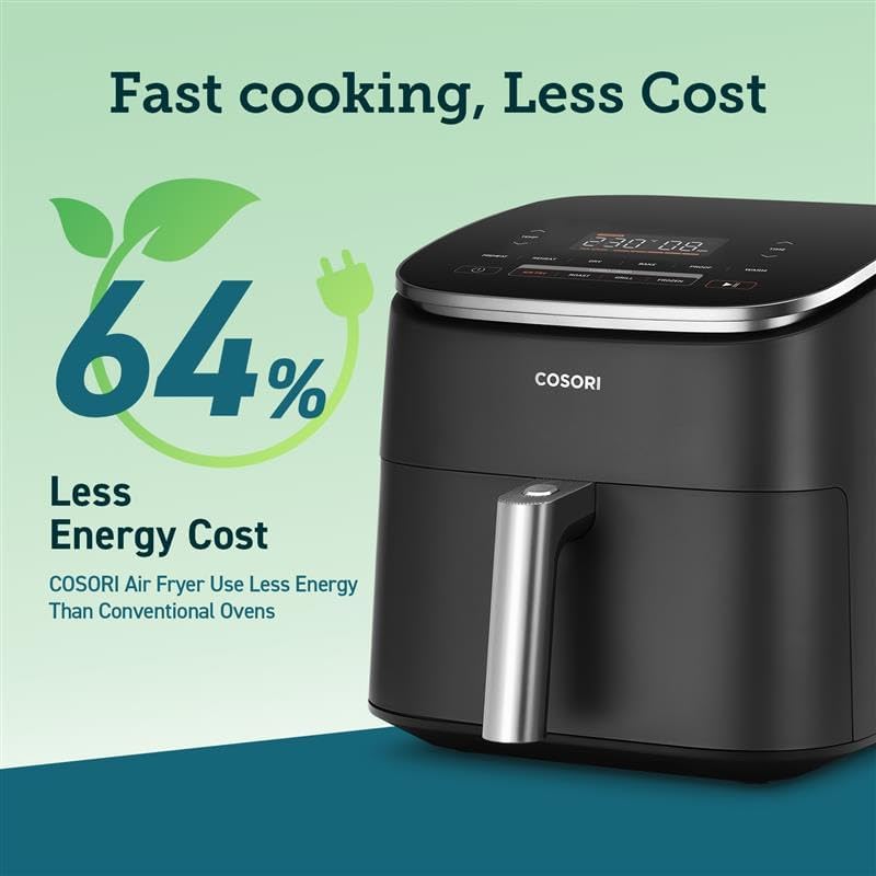 COSORI TurboBlaze air fryer saves 64% energy compared to conventional ovens, fast and efficient cooking