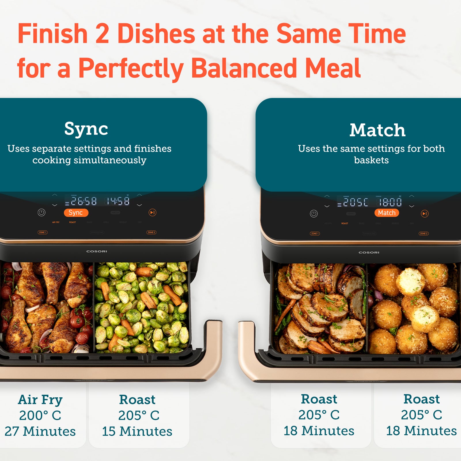 COSORI Smart Air Fryer Sync & Match modes – cook two different dishes or match settings for a balanced meal