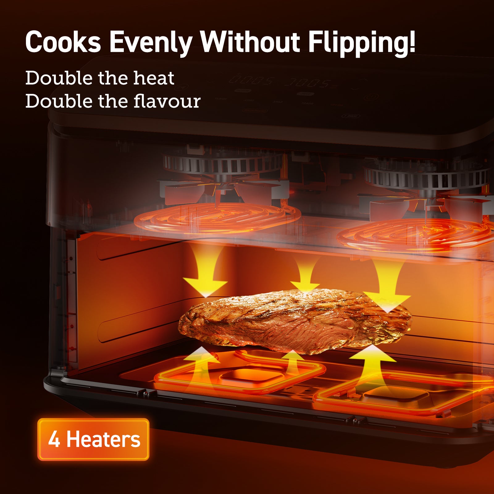 COSORI Smart Air Fryer with 4-heater technology for even cooking without flipping – double the heat, double the flavour