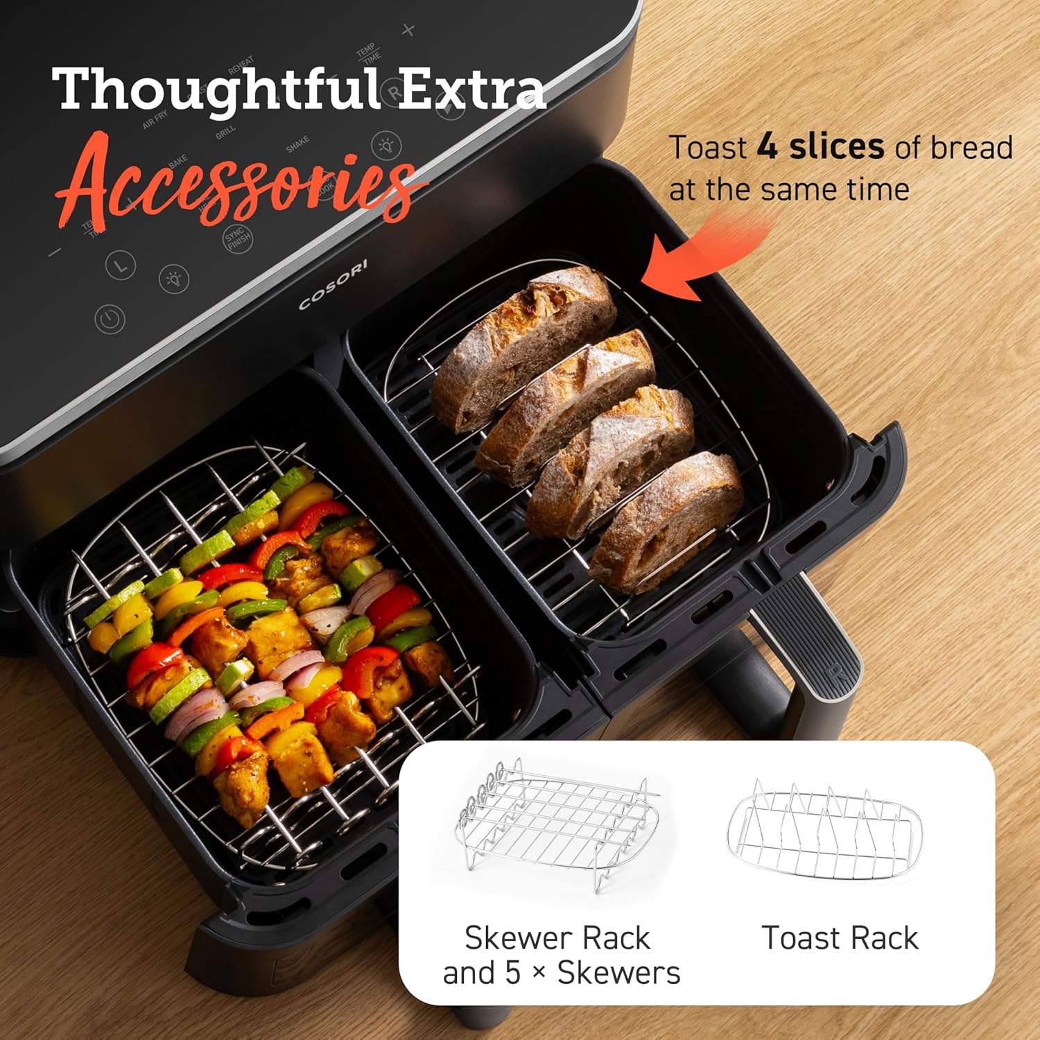 COSORI air fryer accessories: skewer rack and toast rack for versatile cooking