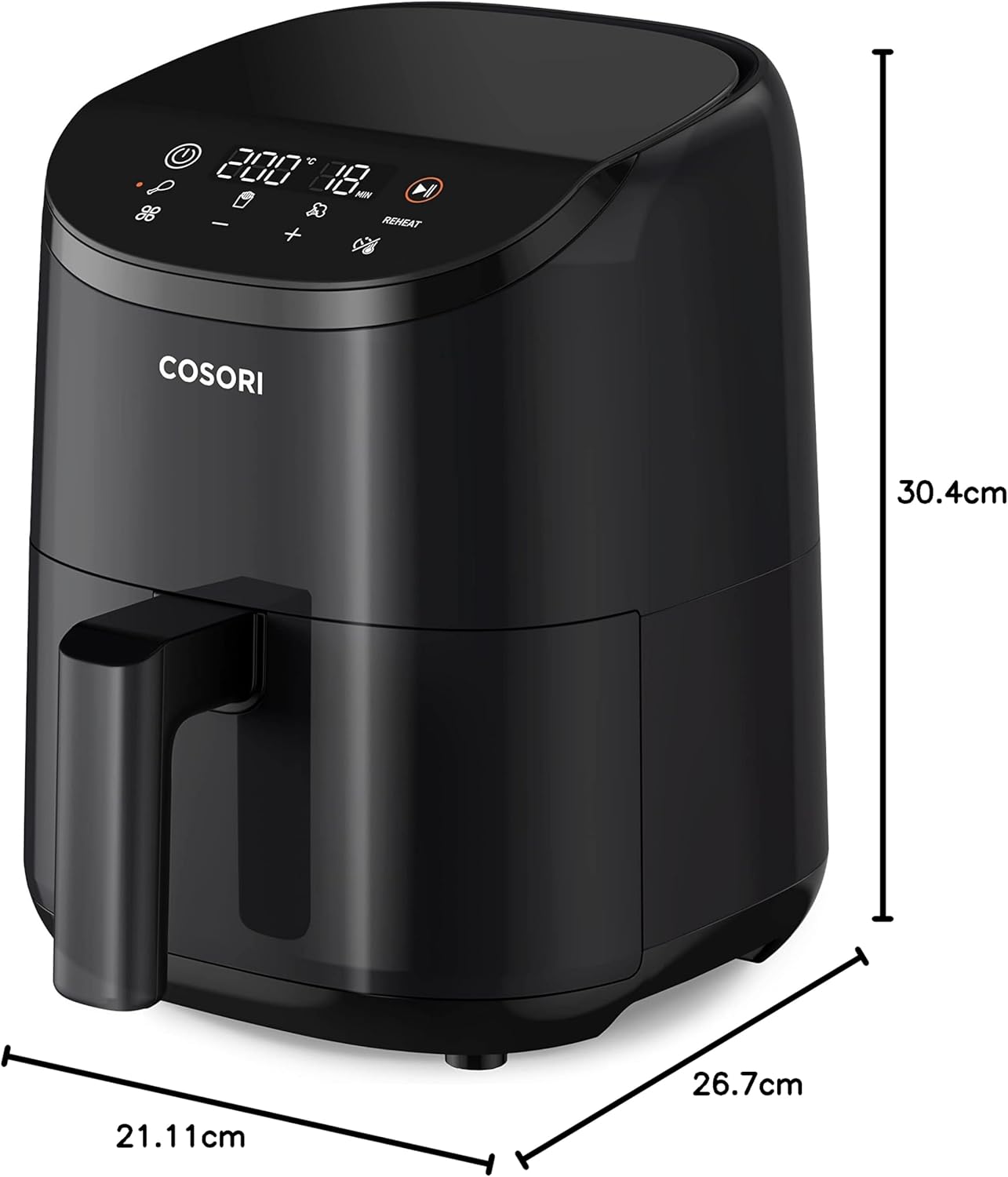 Compact COSORI air fryer dimensions: 30.4cm height, 26.7cm width, 21.1cm depth