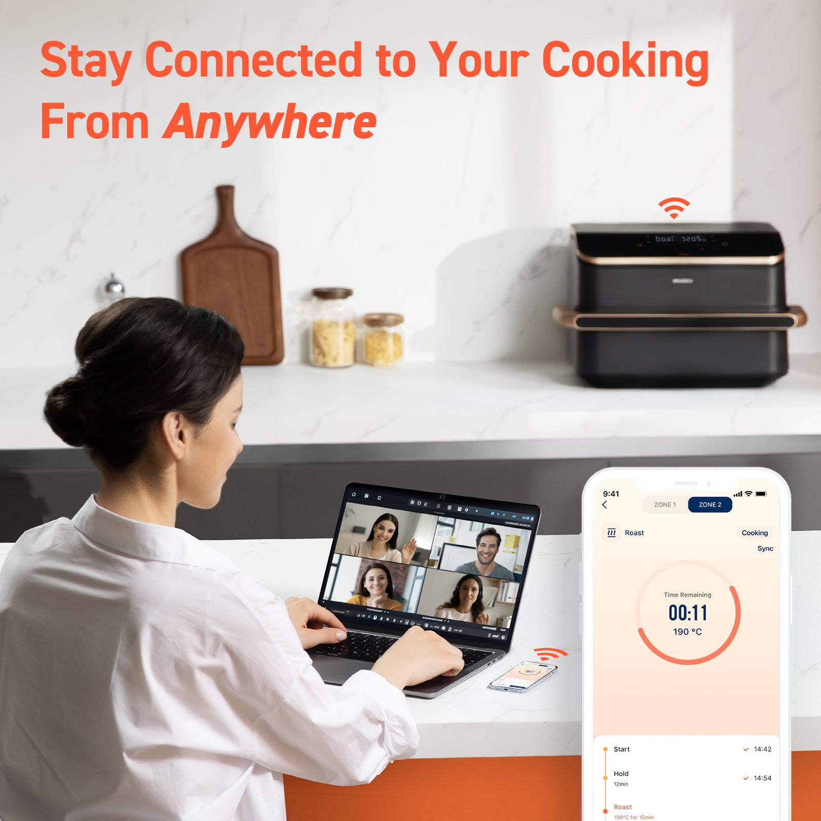 Control COSORI Smart Air Fryer remotely via mobile app while working or video conferencing – smart cooking experience