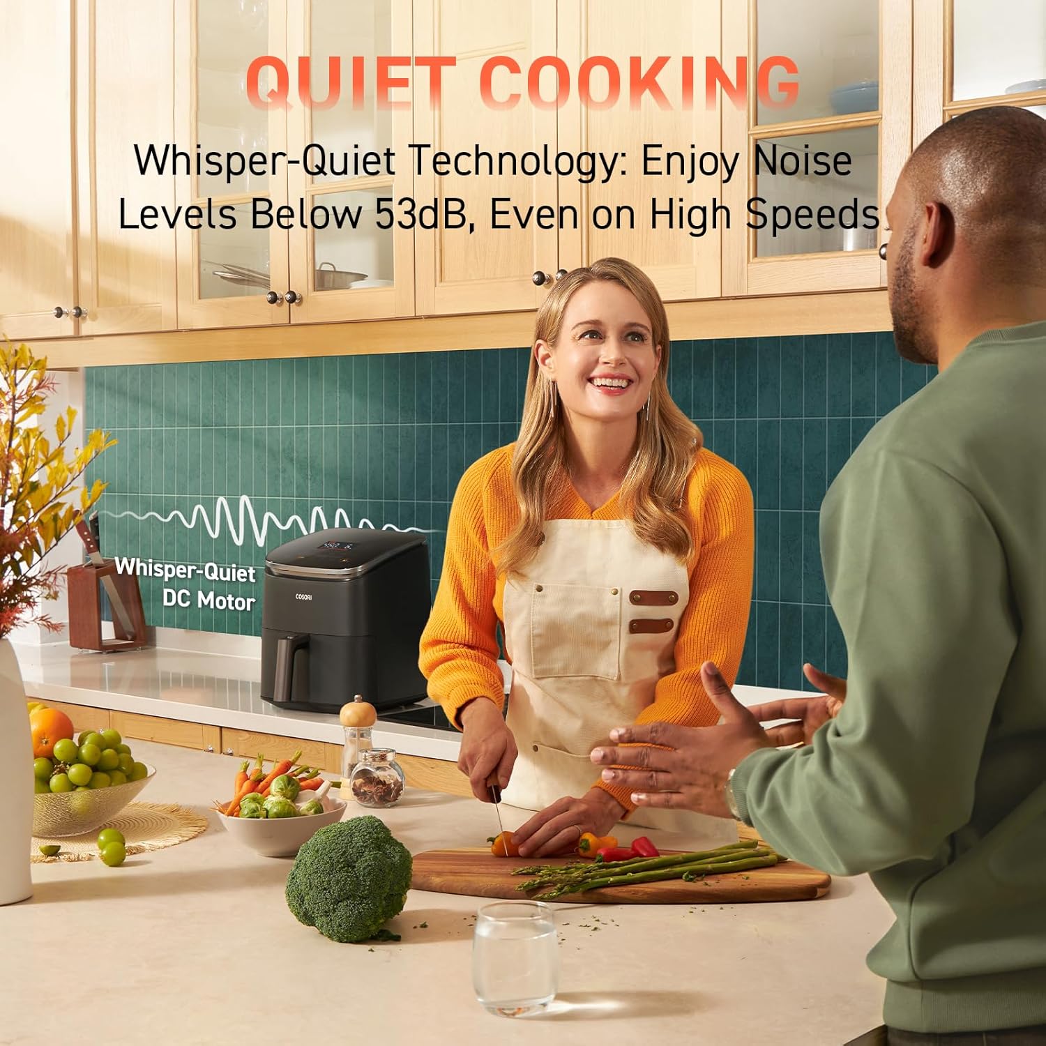 COSORI air fryer with Whisper-Quiet DC Motor, noise level below 53dB for silent cooking experience