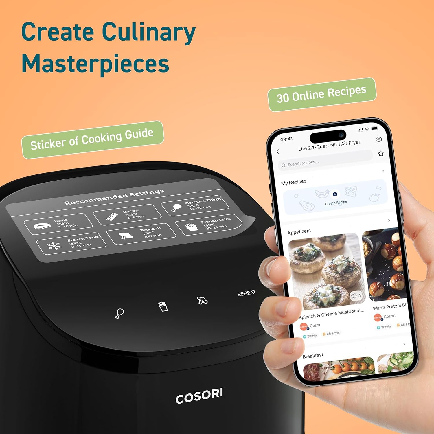 COSORI air fryer with 30+ online recipes and cooking guide sticker for easy meal preparation