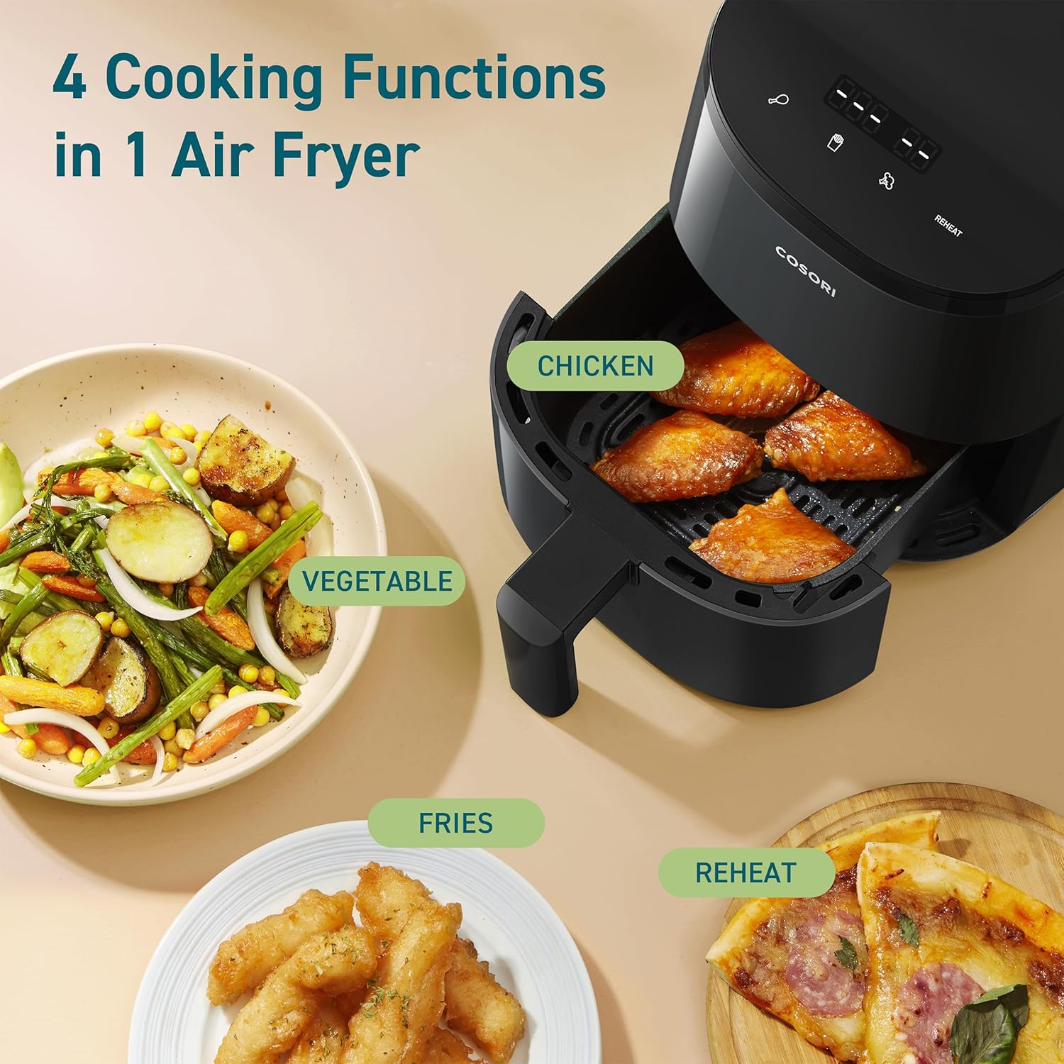 COSORI air fryer with 4 cooking functions: chicken, vegetables, fries, and reheat mode