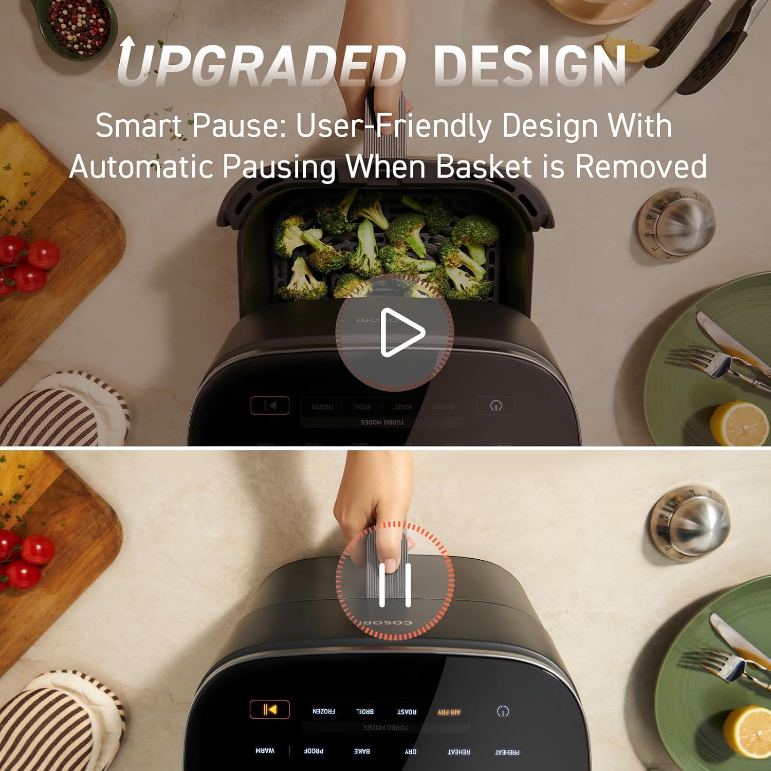 COSORI air fryer with Smart Pause technology, automatically pauses cooking when basket is removed