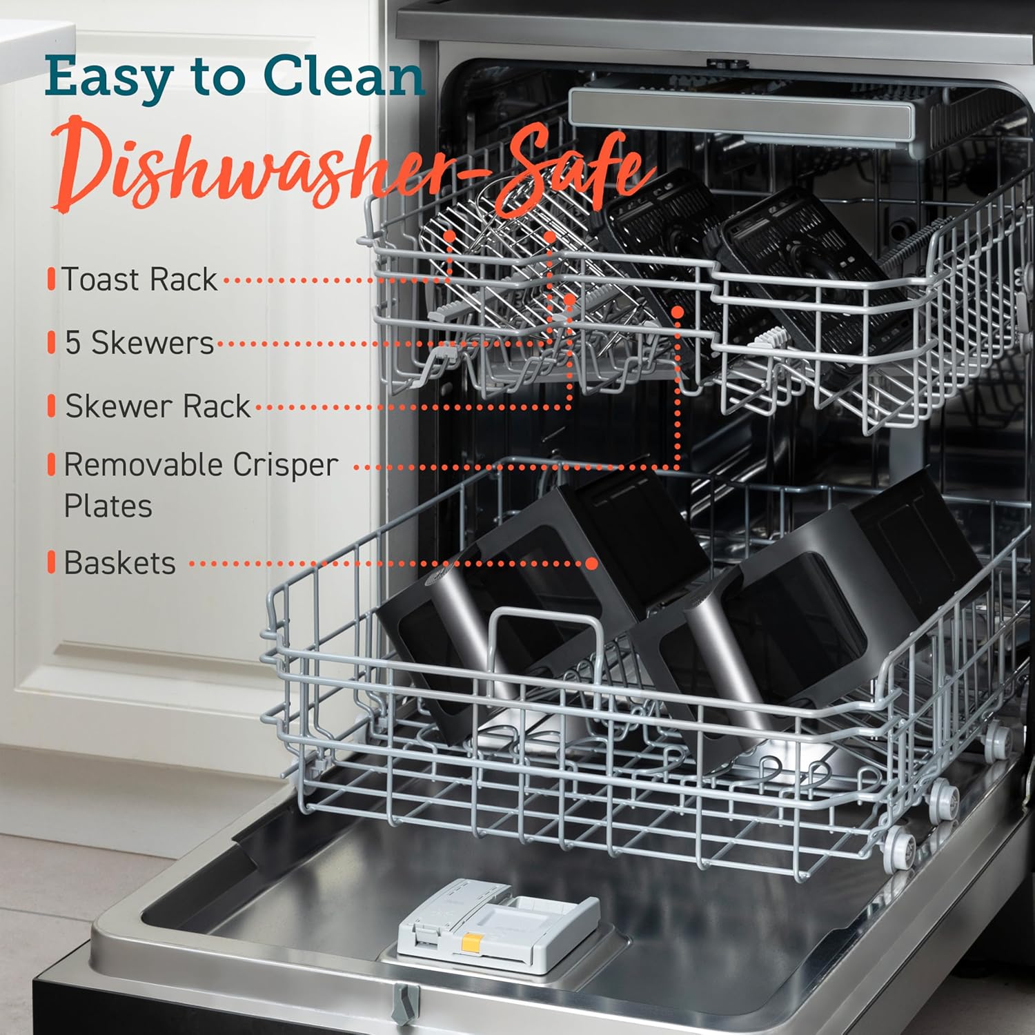 COSORI air fryer dishwasher-safe parts: toast rack, skewers, crisper plates, and baskets