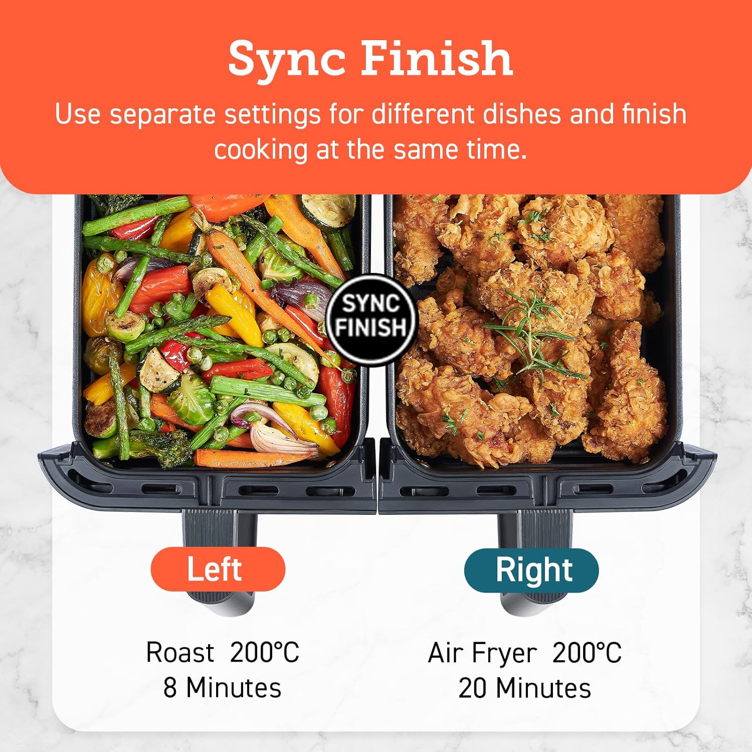 COSORI air fryer sync finish mode cooking roasted vegetables and crispy fried chicken at different settings