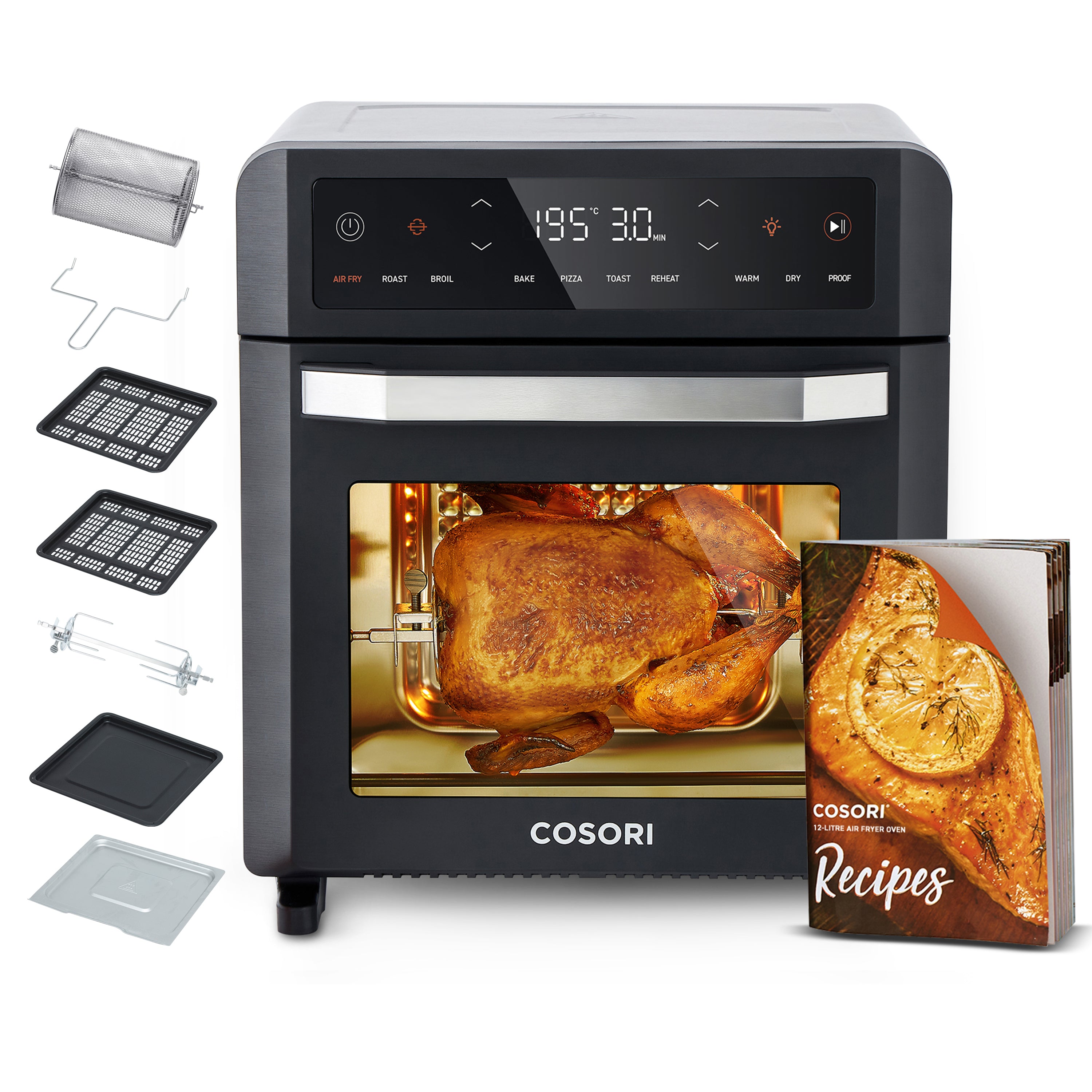 COSORI 12L air fryer oven with accessories including rotisserie, mesh basket, and drip tray for versatile cooking