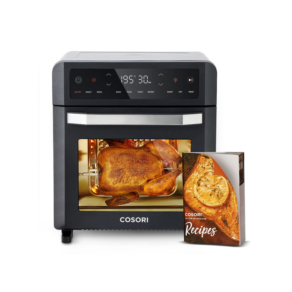 COSORI 12L air fryer oven with rotisserie function, cooking a whole chicken with recipe book included