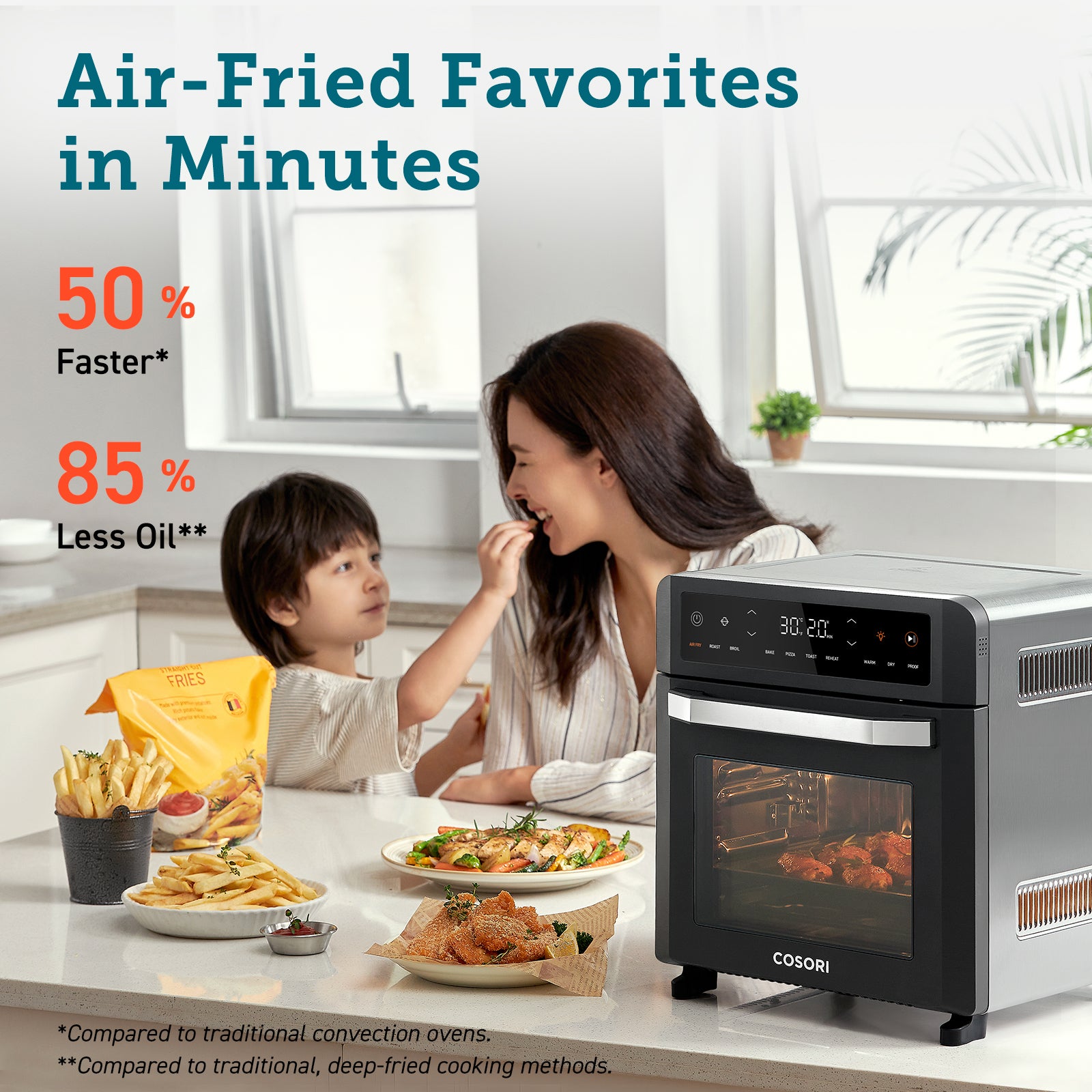 Healthy cooking with COSORI air fryer, reducing oil consumption by 85% for crispy, delicious meals