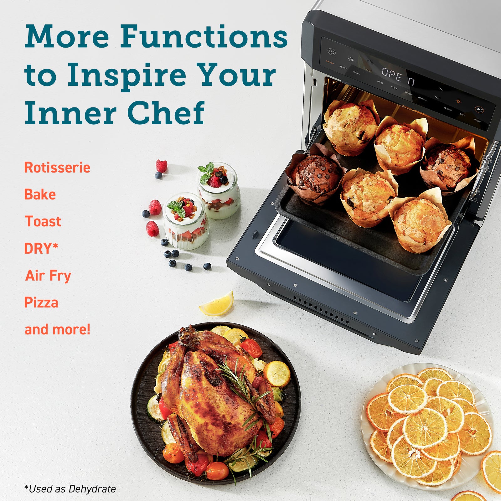 COSORI 12L air fryer with multiple cooking functions including rotisserie, bake, toast, and dehydration
