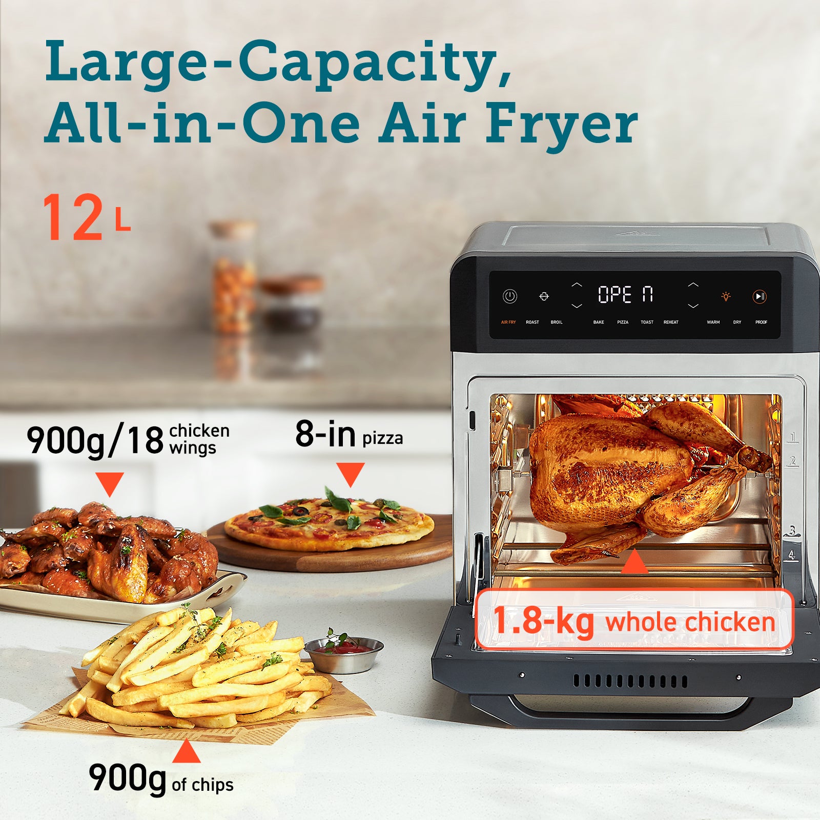 Large capacity COSORI 12L air fryer, fits a whole chicken, 900g chips, and 8-inch pizza for family meals