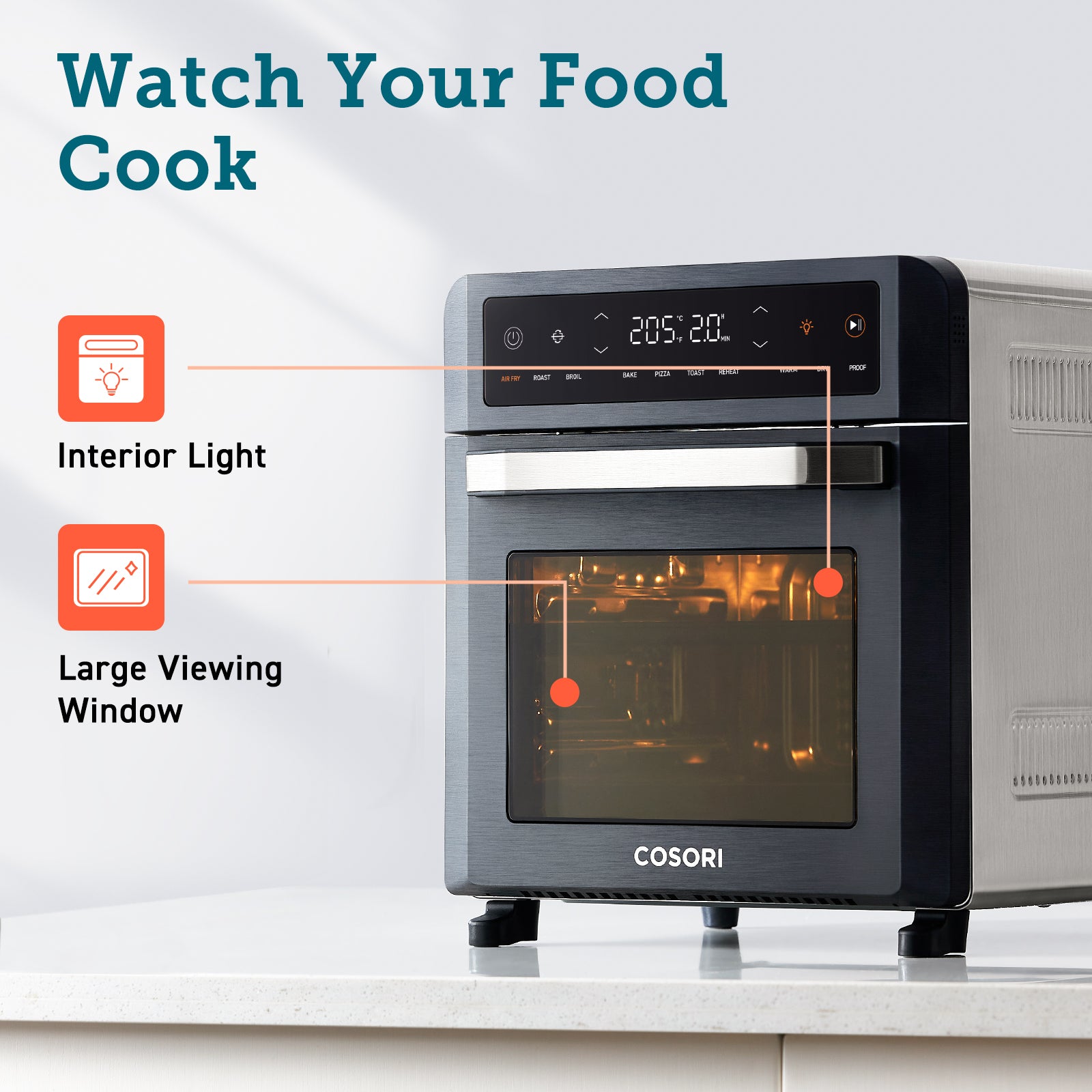 COSORI air fryer oven with interior light and large viewing window for easy cooking monitoring