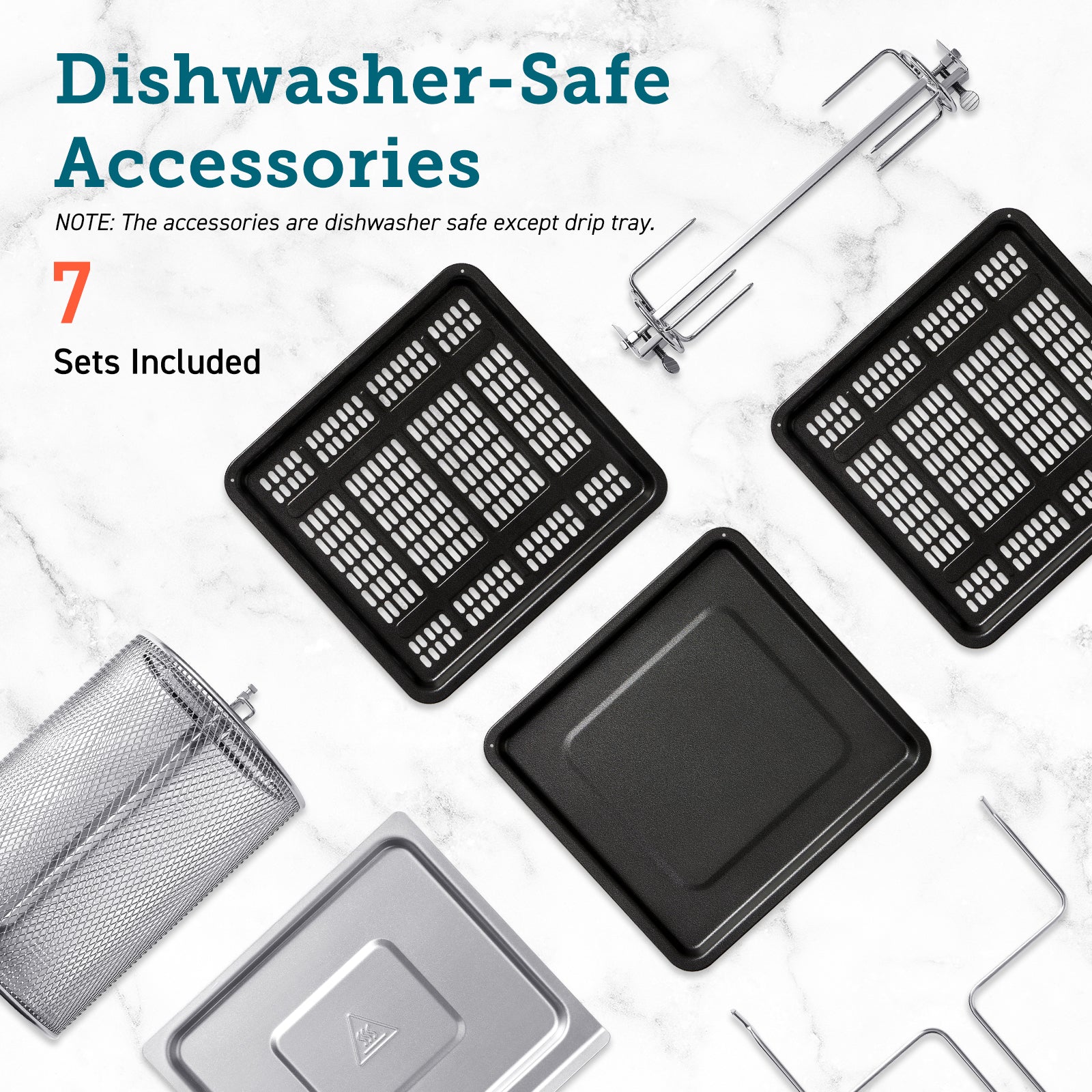 Dishwasher-safe accessories for COSORI air fryer, including baking trays, mesh racks, and rotisserie spit