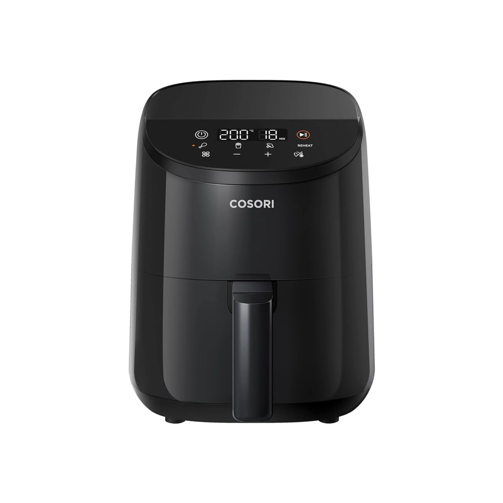 COSORI compact air fryer with digital touchscreen, black design, 200°C temperature control