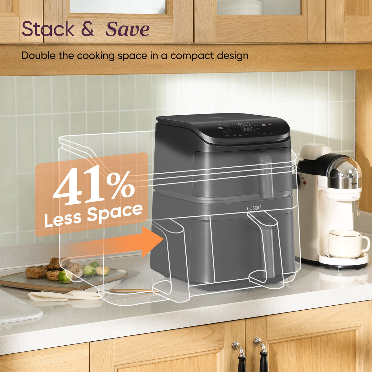 COSORI Turbo Tower sitting on a kitchen worktop, demonstrating its stacked design that uses 41 percent less space.