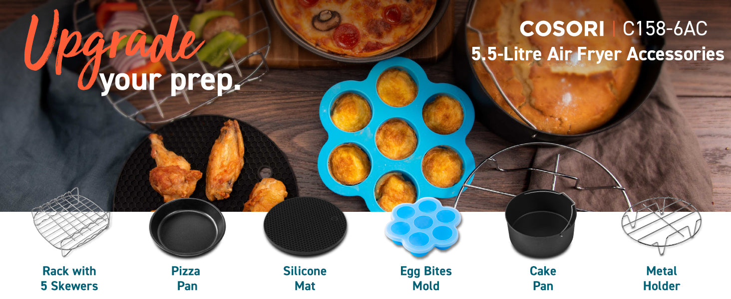 COSORI C158-6AC 5.5-Litre Air Fryer Accessories Upgrade your prep. Rack with 5 Skewers Pizza Pan  Silicone Mat  Egg Bites Mold  Cake Pan  Metal Holder