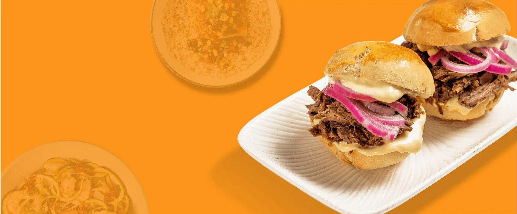 Two sliders on a white plate with a beer in the background on an orange background