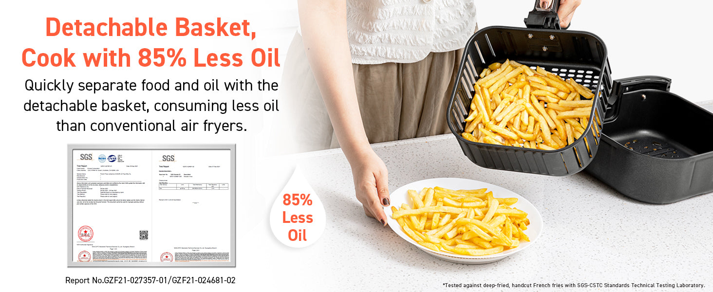 Detachable Basket, Cook with 85% Less Oil Quickly separate food and oil with the detachable basket, consuming less oil than conventional air fryers. Report No: GZF21-027357-01/GZF21-0146681-02