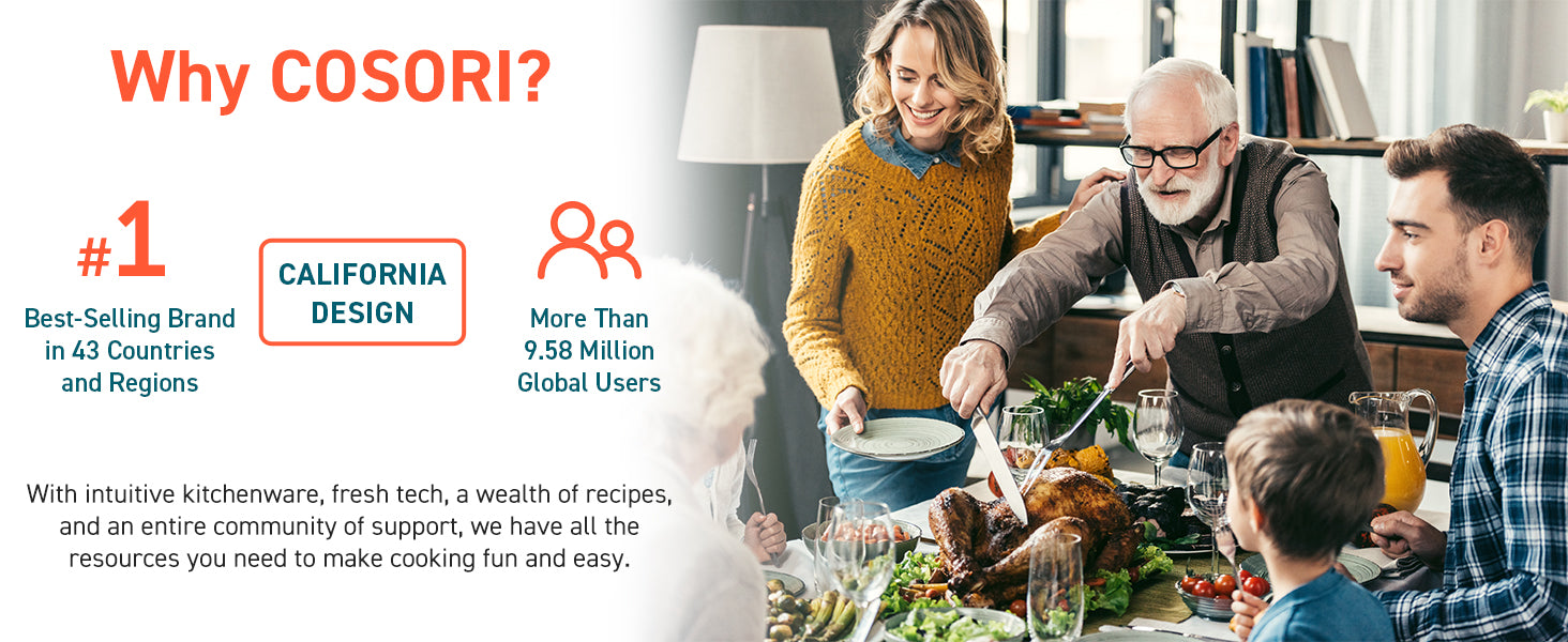 Why COSORI? Best-Selling Brand in 43 Countries and Regions More Than 9.58 Million Global Users With intuitive kitchensware,fresh tech,a wealth of recipes,and an entire community of support,we have all the resources you need to make cooking fun and easy.