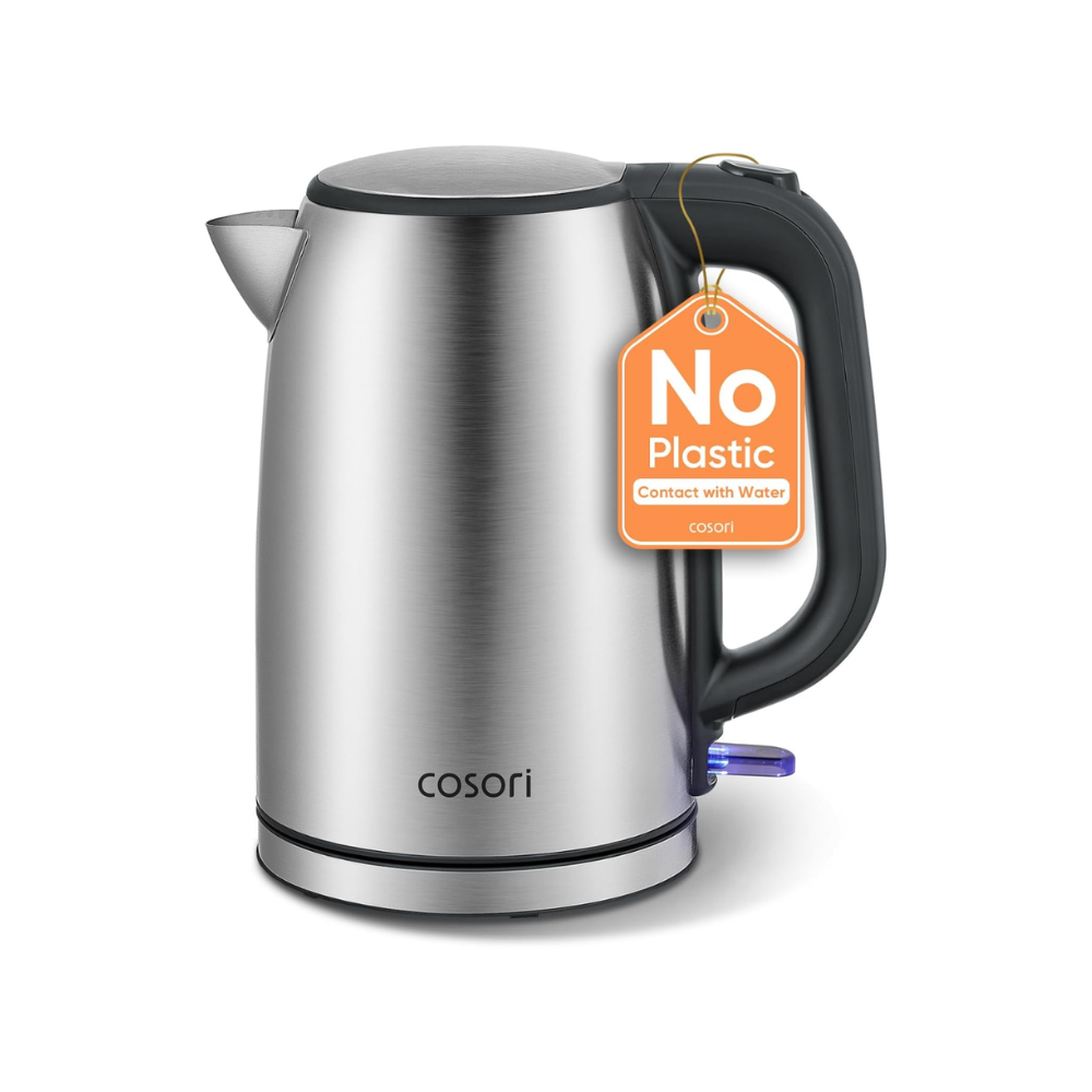 Cosori electric kettle with a 'No Plastic' tag on a white background
