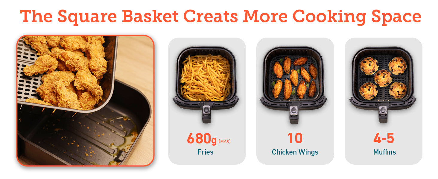 The Square Basket Creats More Cooking Space 680g(MAX) Fries 10 Chicken Wings 4-5 Muffins