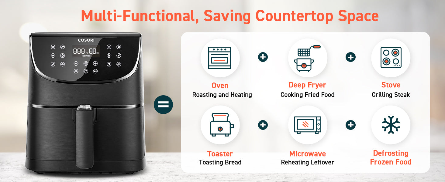 Multi-Function, Saving Countertop Space Oven  Roasting and Heating Deep Fryer  Cooking Fried Food Stove  Grilling Steak  Toaster  Toasting Bread  Microwave  Reheating Leftover Defrosting Frozen Food