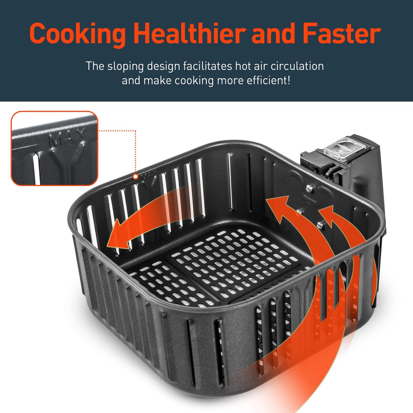 Cooking Healthier and Faster The sloping design facilitates hot air circulation and make cooking more efficient!