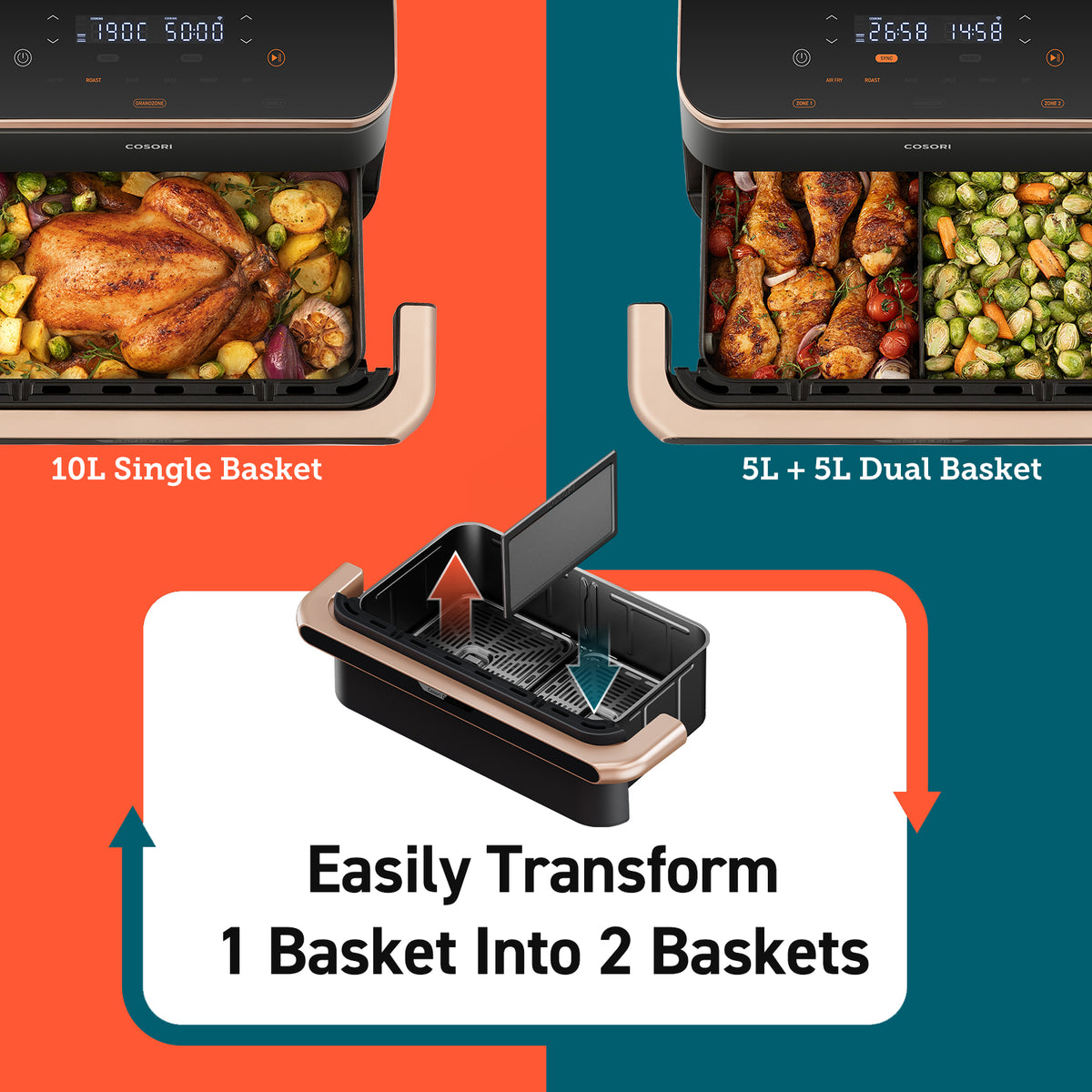Graphic illustration showing how to easily transform 1 grand 10L basket into 2 independent 5L baskets using a removable divider.
