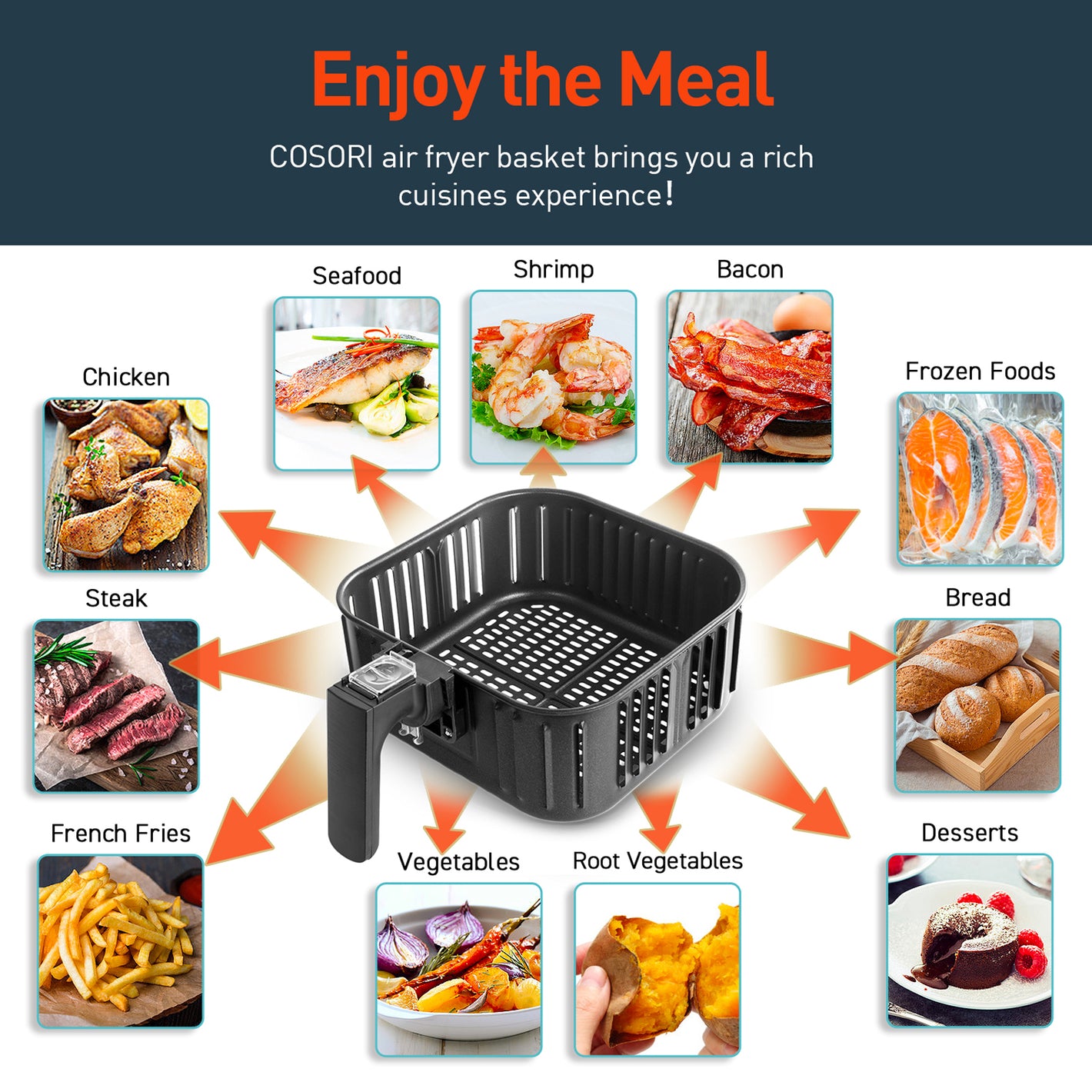 Enjoy the Meal COSORI air fryer basket brings you a rich cuisines experience!