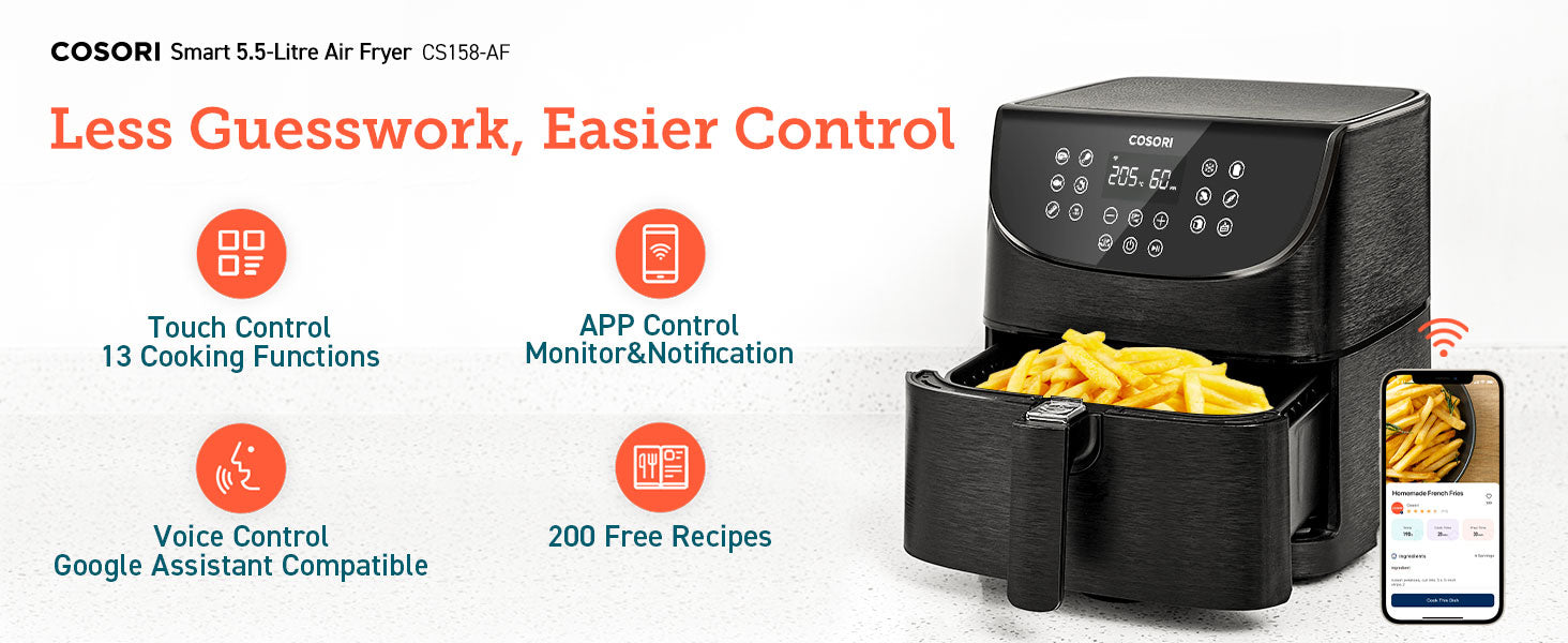 COSORI Smart 5.5-Liter Air Fryer CS158-AF Less Guesswork,Easier Control  Touch Control 13 Cooking Functions APP Control Monitor&Notification Voice Control Google Assistant Compatible 200 Free Recipes