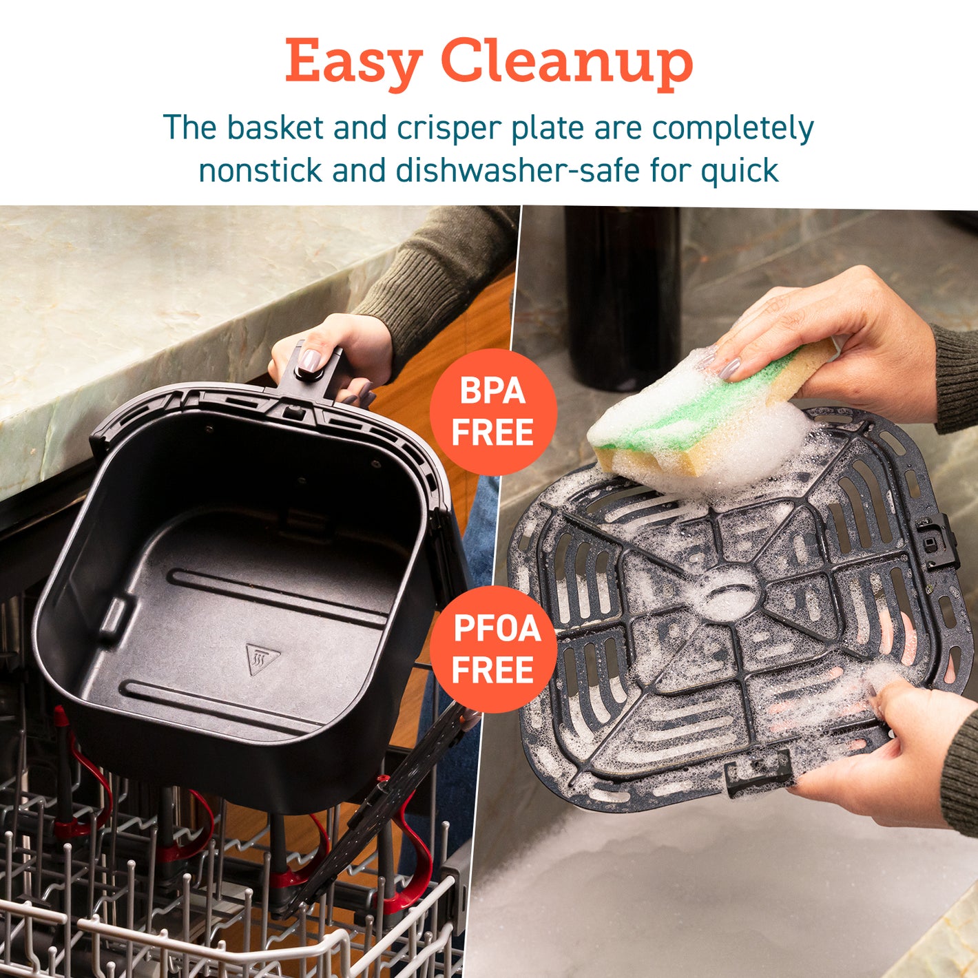 Easy Cleanup The basket and crisper plate are completely nonstick and diswasher-safe for quick