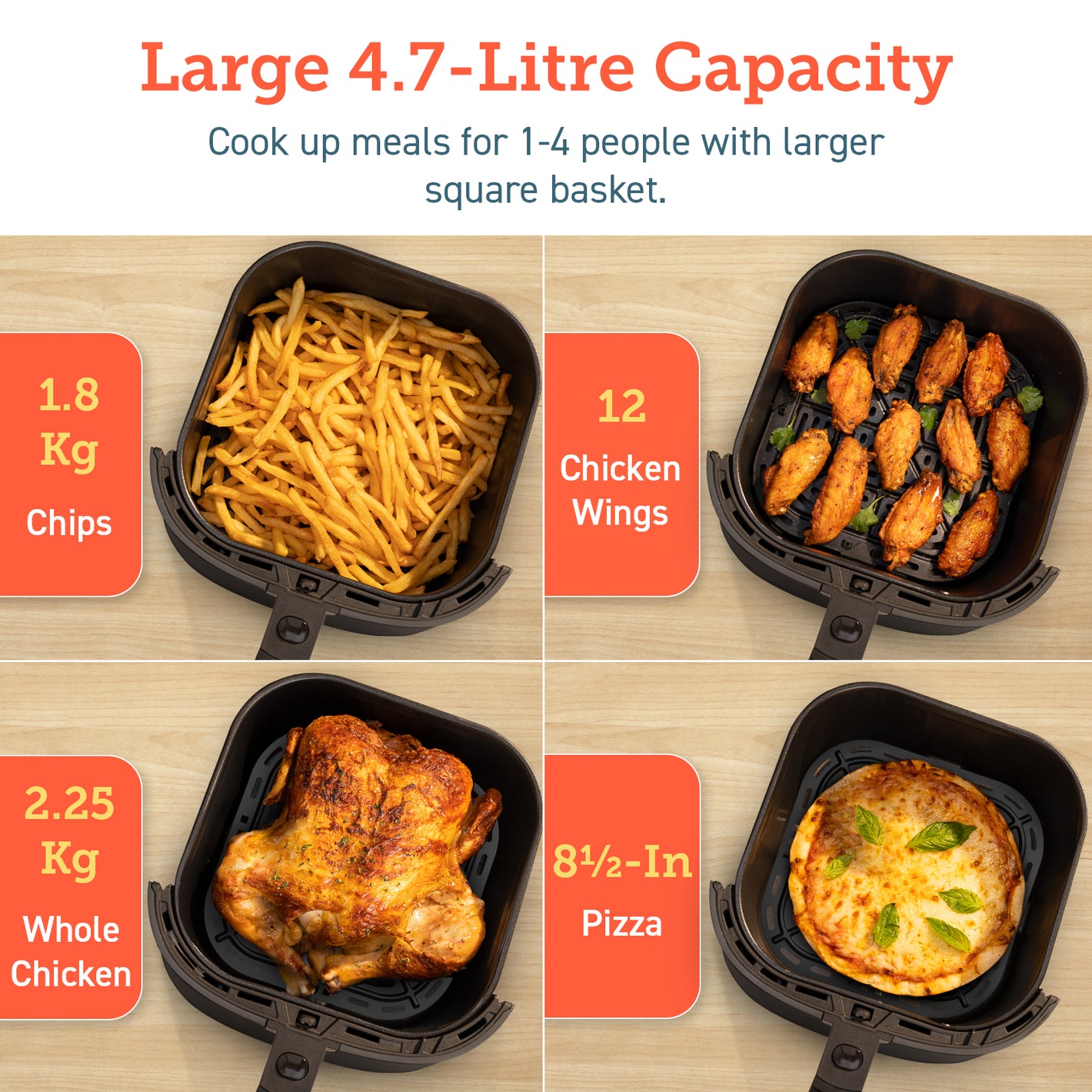 Larger 4.7-Liter Capacity Cook up meals for 1-4 people with larger square basket. 1.8Kg Chips 12Chicken Wings 2.25kg Whole Chicken 8 1/2-In Pizza