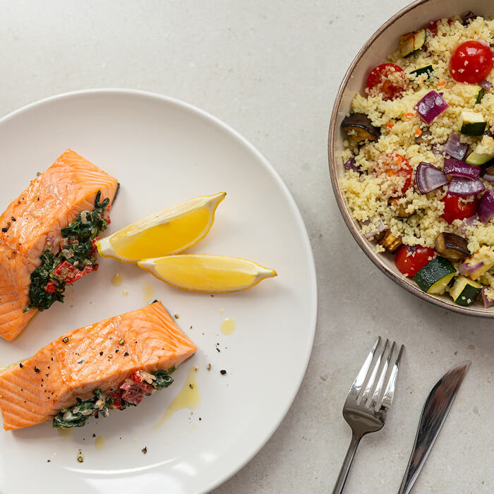 Spinach Stuffed Salmon with Roasted Vegetable Couscous